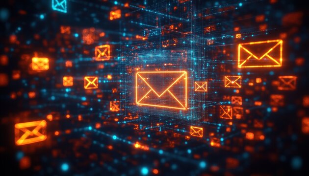 Glowing orange email envelope icons floating in a digital blue network grid representing electronic communication and data transfer