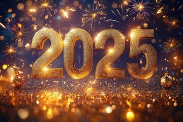 Glittering golden numbers 2025 surrounded by sparkling fireworks and festive golden ornaments on a shimmering glittery surface celebrating New Year joy and excitement