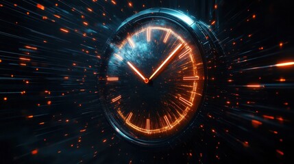 Futuristic glowing clock face with orange light trails and sparks radiating outward in a high-tech dark environment, evoking a sense of speed and time acceleration