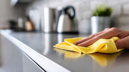 Person Wiping Clean a Stainless Steel Kitchen Countertop with a Yellow Cloth in a Modern, Brightly Lit Cooking Environment