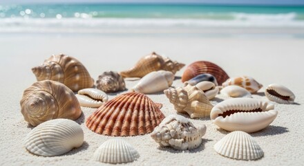 Seashells beach sand ocean summer vacation tropical paradise sea shells coastal marine life nature