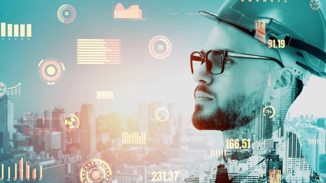 Future building construction and inventive engineering project concept with HUD hologram graphic design. Building engineer, architect people or construction worker works with modern civil technology.
