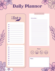 Boho aesthetic daily planner template featuring floral elements a to do list schedule mood tracker and notes section