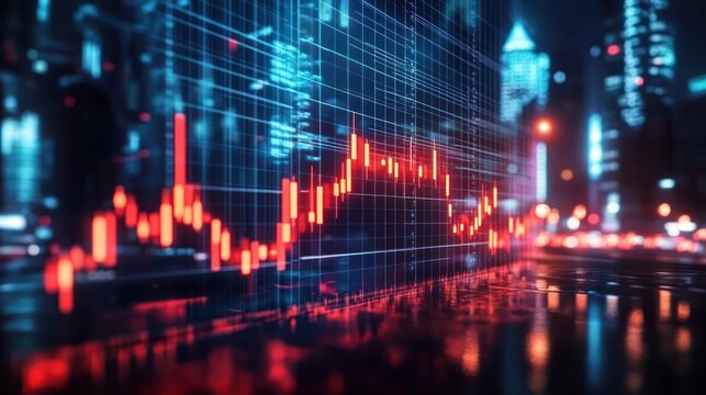 Futuristic cityscape background with glowing red financial chart overlay on glass surface reflecting vibrant city lights at night
