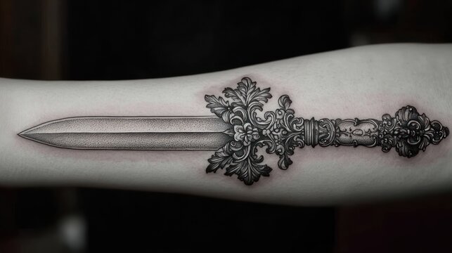 Intricate black and gray tattoo of an ornate dagger with detailed floral and scrollwork design on the handle and blade, inked on the forearm