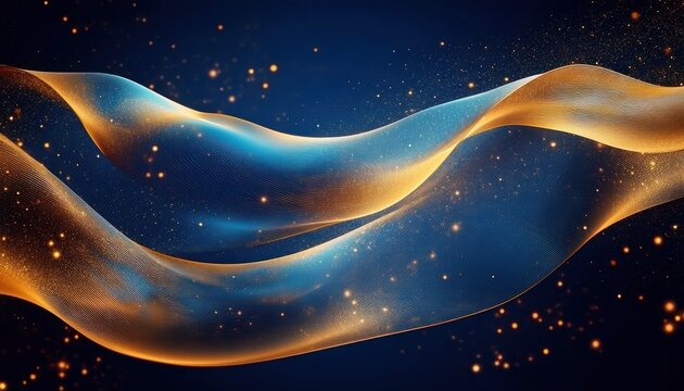 Flowing translucent blue and golden ribbons with glowing particles creating a dynamic and magical atmosphere