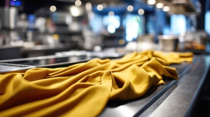 Obraz premium Vibrant Yellow Fabric Draped Over Stainless Steel Surface in Modern Restaurant Kitchen Setting with Blurred Culinary Equipment in Background