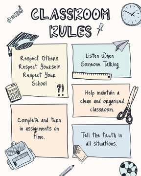 Hand drawn classroom rules poster with essential behavioral guidelines for students including respect and timely assignments