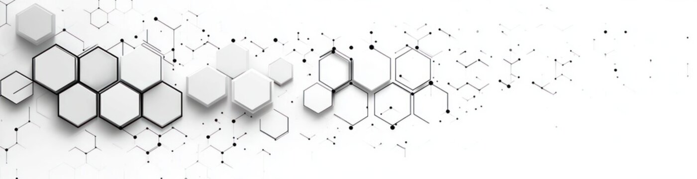 Minimalistic white and black 3D hexagonal shapes interconnected with thin lines and dots on a white background showing a futuristic network structure