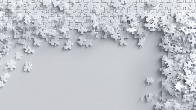 Collection of white puzzle pieces scattered on a light background, creating a space for creativity, design, or problem-solving concepts in visual arts.