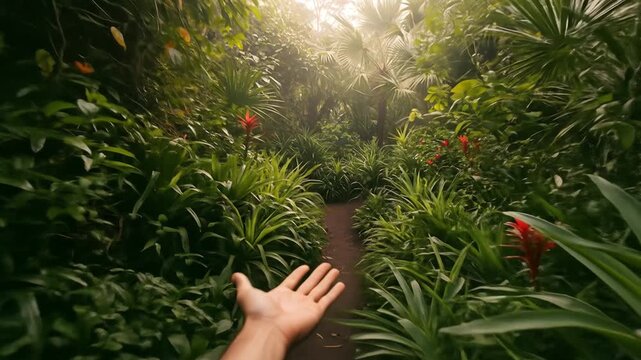 Open hand reaching into lush jungle path
