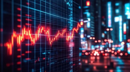 Close-up view of a glowing digital financial graph with rising red candlestick and line charts against a blurred cityscape at night with bright neon lights