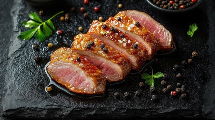 Sliced medium-rare cooked duck breast garnished with coarse salt, black peppercorns, and fresh parsley on a black stone plate