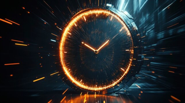 Futuristic glowing clock with vibrant orange neon light trails moving outward in a dark, high-tech environment conveying speed and urgency