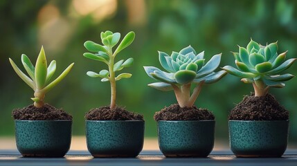 Four small succulent plants in green ceramic pots lined up on a wooden surface with soft natural green blurred background