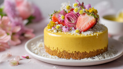 Vibrant Gourmet Celebration Desserts Decorated with Edible Flowers, Fresh Berries, and Drip Glaze