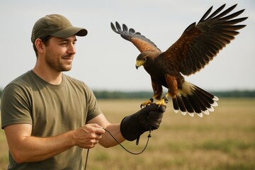 Man holding trained hawk on gloved hand in open field, bird spreading wings in natural light, showcasing falconry in rural outdoor background setting. Ai generative