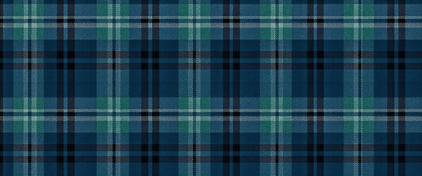 Seamless tartan plaid pattern in blue green and navy tones with Scottish winter fabric texture symmetrical design