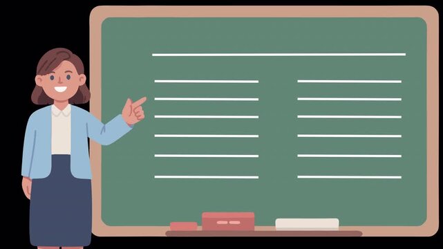 Animated female teacher pointing at chalkboard with transparent background