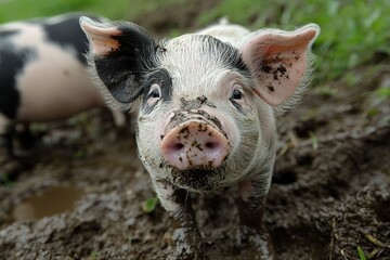 Close-up of a curious piglet with muddy snout and ears standing on wet soil outdoors