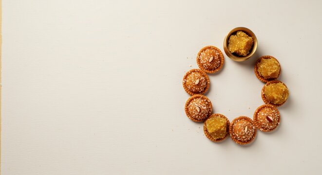 Arrangement of sweet tarts and a small bowl of filling on a plain white surface from above view