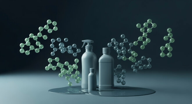 Abstract molecules and bottles arrangement in dark setting.