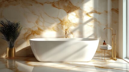 luxurious modern bathroom with white freestanding bathtub on marble floor and wall, gold fixtures, natural light, potted plant and rolled towels creating a serene atmosphere