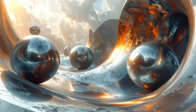 Reflective metallic spheres in a surreal, futuristic, and abstract landscape.