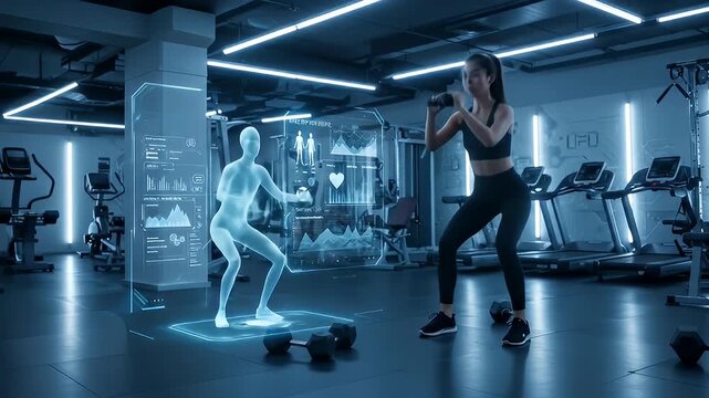 Woman lifting weights with holographic personal trainer in futuristic gym setting