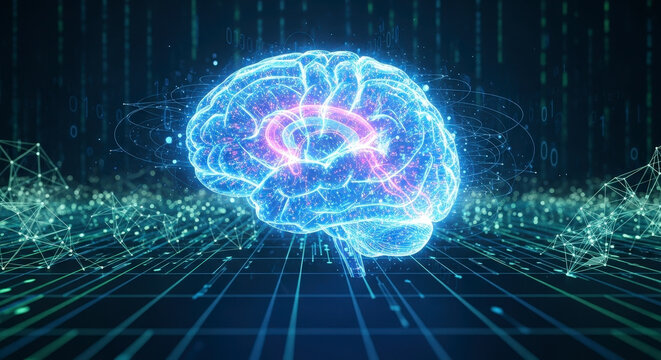 Futuristic digital brain hologram in virtual space.