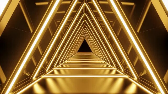 Abstract golden triangular tunnel with glowing neon lights, a geometric futuristic space, a dark vanishing point, perspective - Powered by Adobe