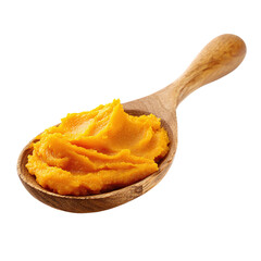 Pumpkin puree in wooden spoon isolated on transparent background