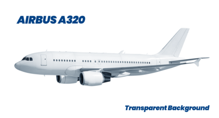 White Airplane Airbus A320 Flying Passenger Jet Plane Two Engine Side View Isolated on a Transparent Background