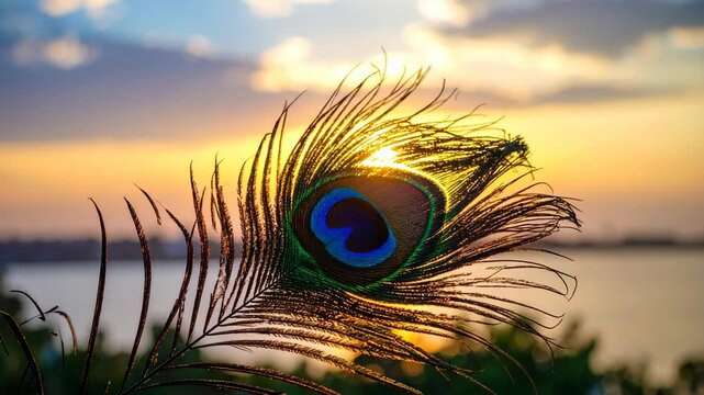 Close-up of iridescent peacock feather against a backdrop of a soft, warm sunset sky with soft clouds