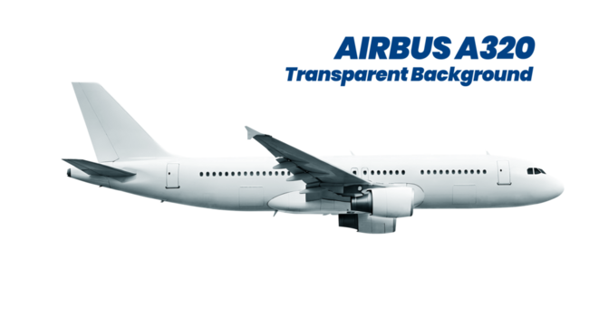 White Airplane Airbus A320 Flying Passenger Jet Plane Four Engine Side View Isolated on a Transparent Background - Powered by Adobe