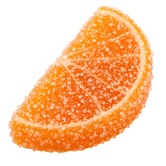 Sweet juicy orange slice gummy candy with sugar coating. Realistic fruity texture perfect for food design and packaging. Isolated on white or transparent background. PNG format.
