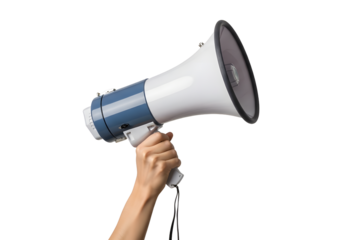 Hand holding a loud megaphone for public announcement news tool grey gray on transparent background