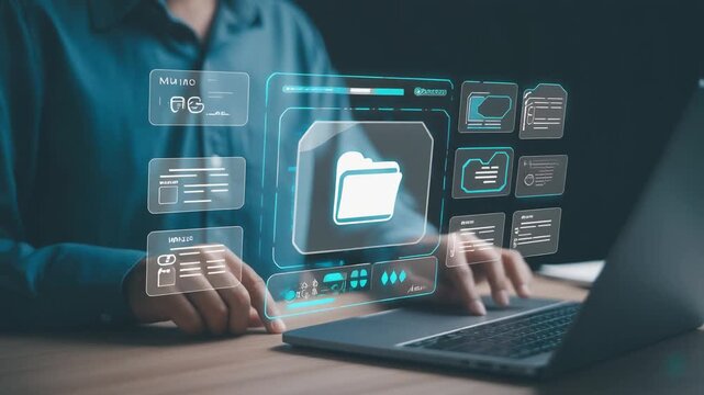 futuristic holographic interface of a file manager, folder structure with documents and data scanning, digital document storage software, cloud database