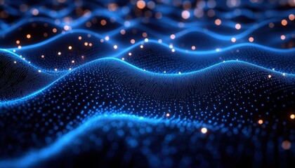 Glowing blue digital waves with scattered orange particles creating a futuristic, dynamic, and vibrant visual effect resembling a flowing data landscape