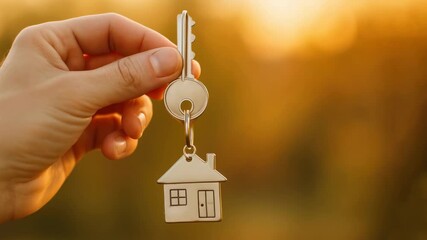 Close-up shot of a hand holding house keys against a sunset backdrop, conveying a new home concept. Ideal for real estate video promotions. Live desktop wallpaper. - Powered by Adobe