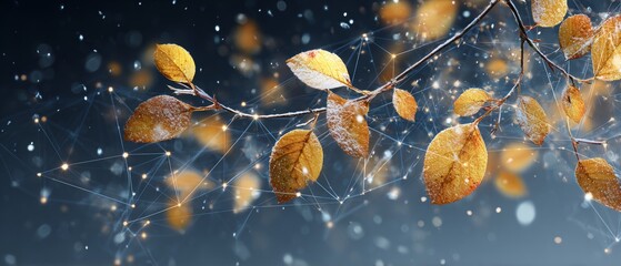 Crimson & gold under snow: a seasonal dance in nature. Smart technology. Beautiful autumn branch with orange leaves under first winter snow. Machine network. Data network.