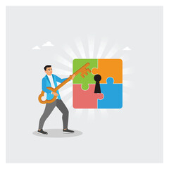 Businessman With Giant Key Unlocking Four-Piece Puzzle for Solutions and Growth.