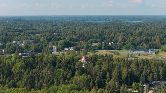 Panoramic drone shot circling the Majvik's historic Art Nouveau Villa, in Finland