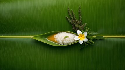 Elegant spa composition with tropical plumeria flower, sea salt, and natural herbs arranged on a green palm leaf background, symbolizing relaxation, wellness, aromatherapy, and organic beauty care in 