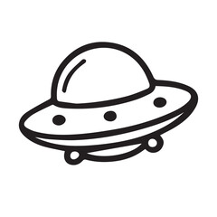 A minimalist vector artwork showing a cute flying UFO, drawn playfully in monochrome black and white with clean and solid black outlines.