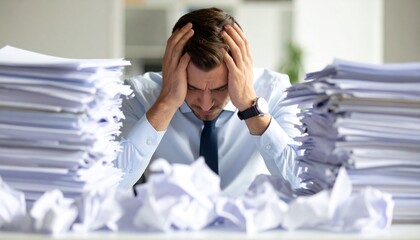 a Businessman Struggling with Overwhelming Paperwork in Office Environment