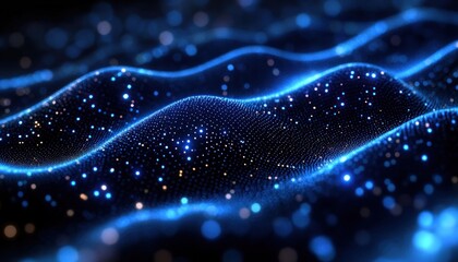 Abstract digital waves composed of glowing blue and orange particles creating a sense of depth and fluid motion on a dark background