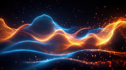Abstract glowing waves of orange and blue light particles forming fluid dynamic shapes on a dark background, evoking energy and motion