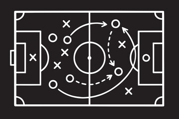 A vector illustration showing a football strategy drawn on a chalkboard, featuring black and white field markings, player positions, and tactical arrows.