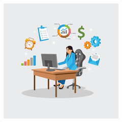Professional Woman At Desk Surrounded By Data Graphics And Business Icons For Productivity.